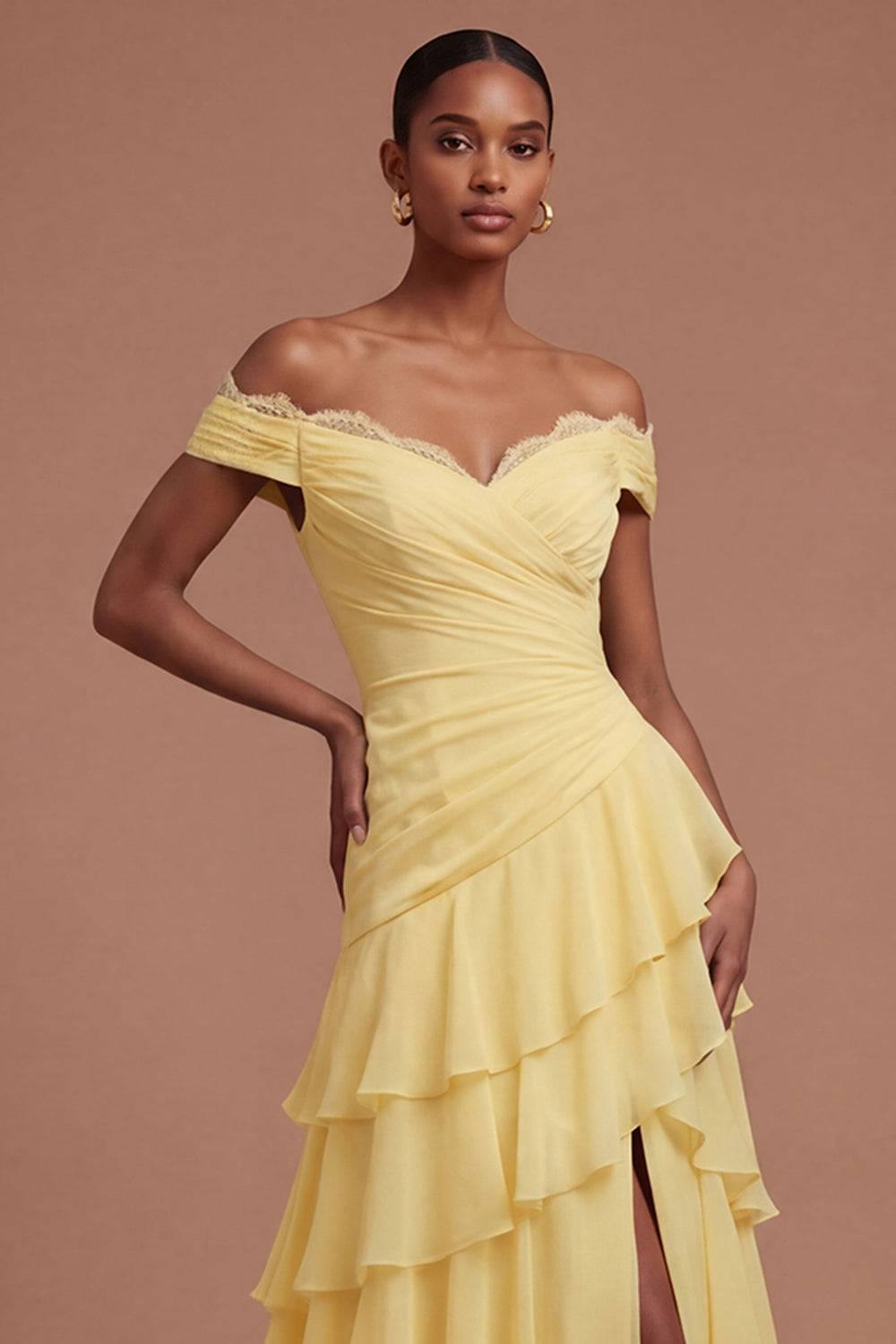 Tiered A Line Butter Yellow Off the Shoulder Long Prom Dress with Slit