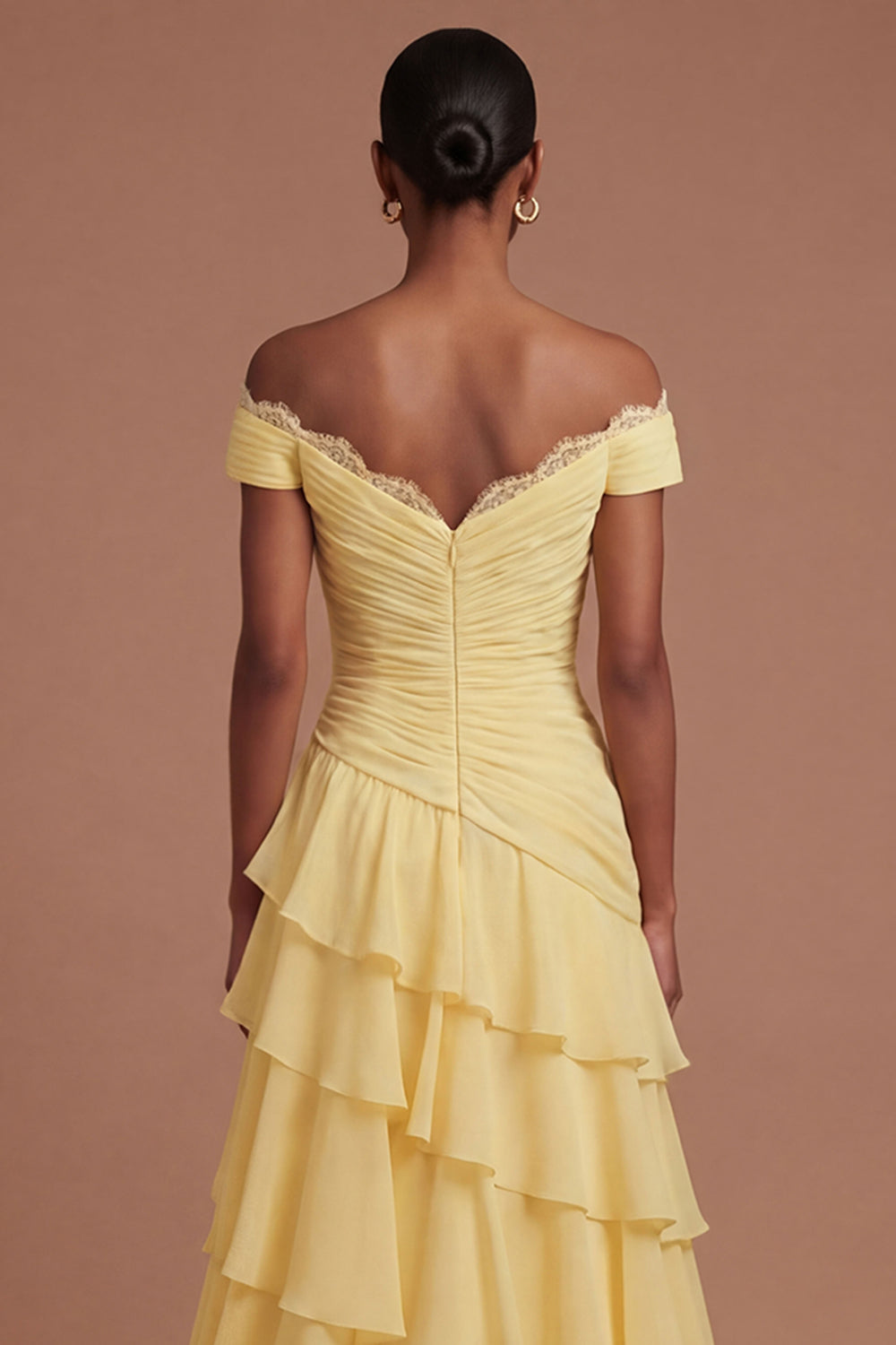 Tiered A Line Butter Yellow Off the Shoulder Long Prom Dress with Slit
