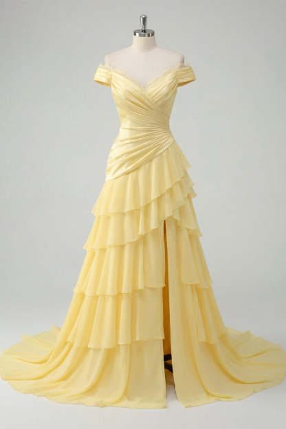 Tiered A Line Butter Yellow Off the Shoulder Long Prom Dress with Slit