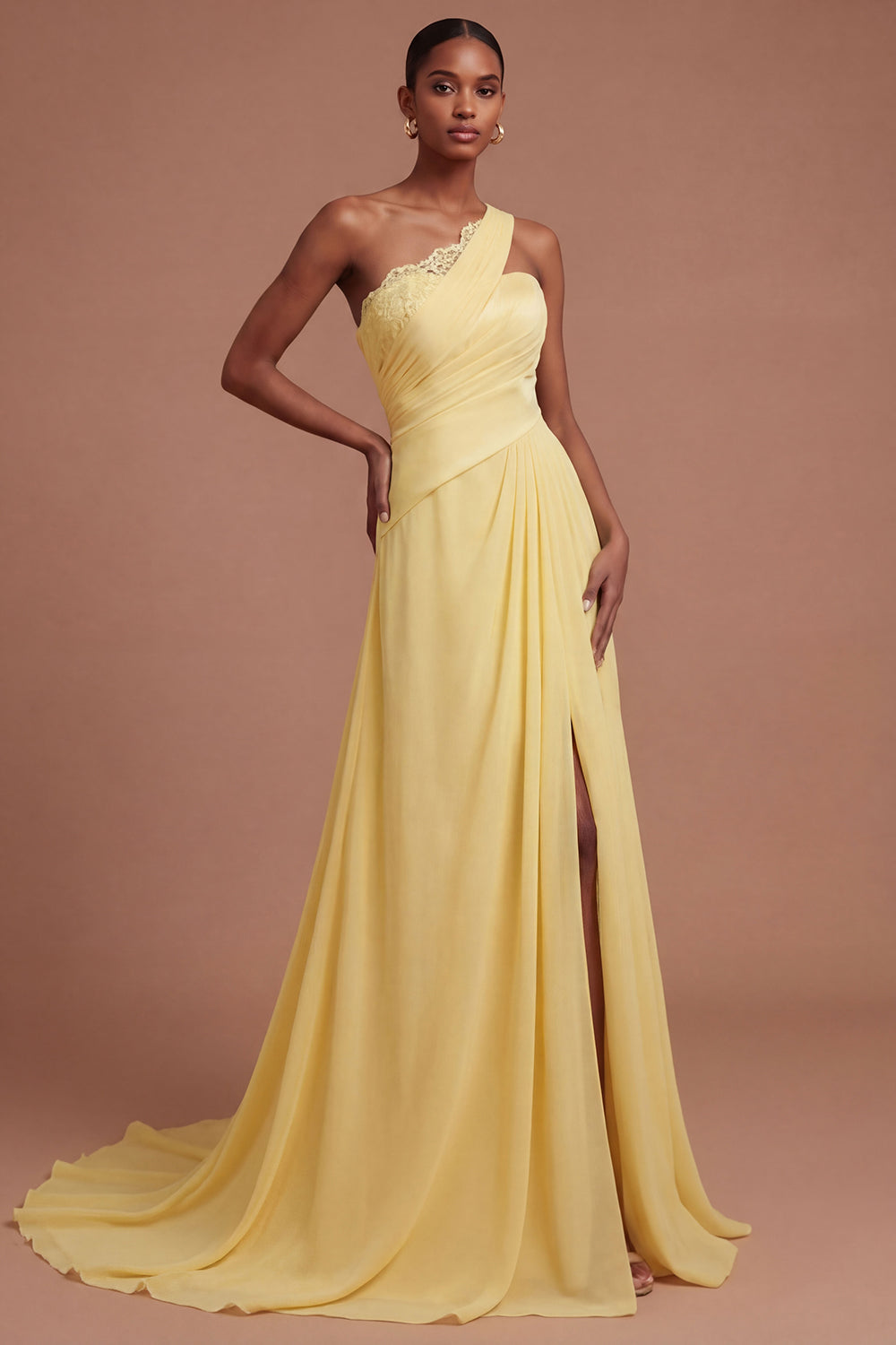 Leely Women One Shoulder Butter Yellow Long Prom Dress with Slit Backless Ruched Sleeveless Wedding Guest Dress