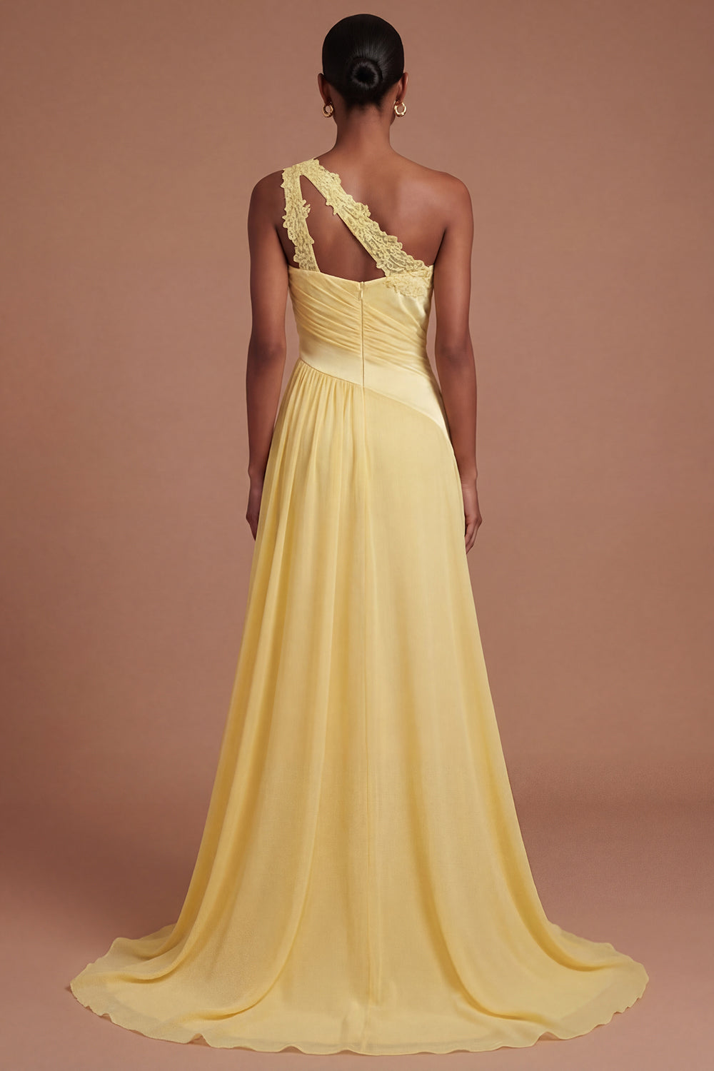 Ruched One Shoulder Butter Yellow Long Prom Dress with Slit