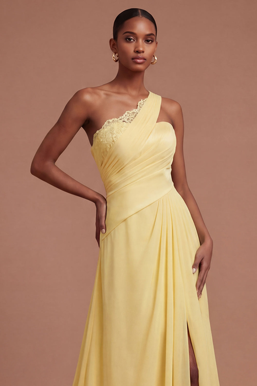 Ruched One Shoulder Butter Yellow Long Prom Dress with Slit