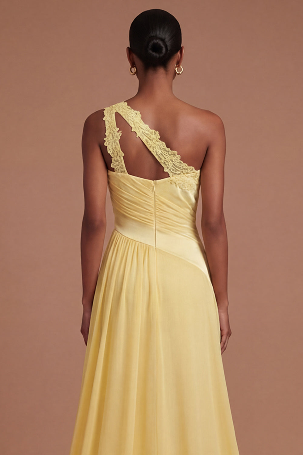 Ruched One Shoulder Butter Yellow Long Prom Dress with Slit