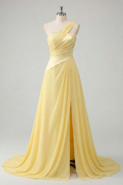 Ruched One Shoulder Butter Yellow Long Prom Dress with Slit