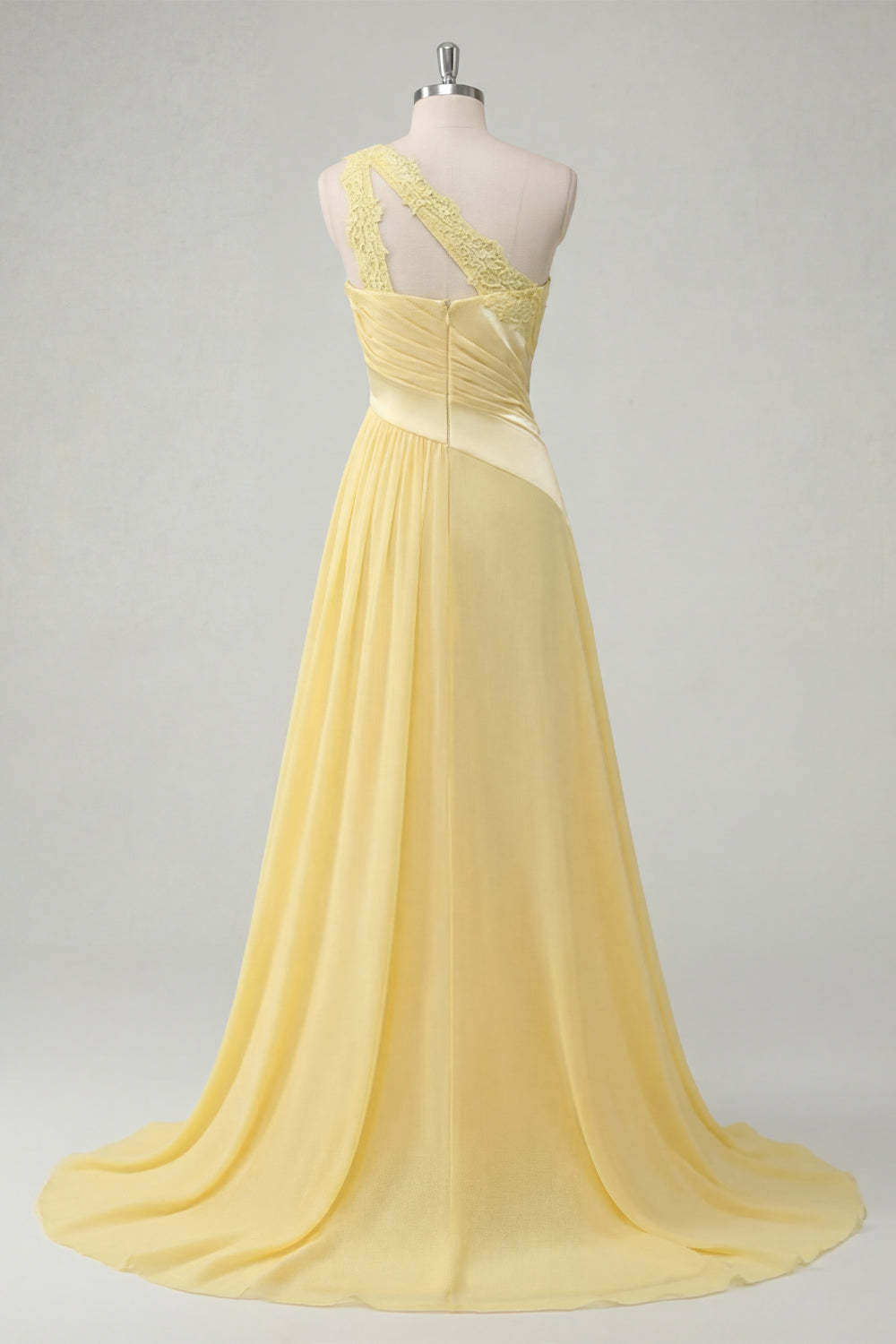 Ruched One Shoulder Butter Yellow Long Prom Dress with Slit