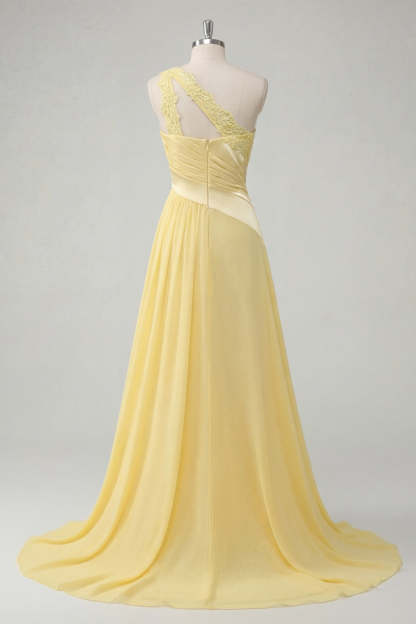 Ruched One Shoulder Butter Yellow Long Prom Dress with Slit