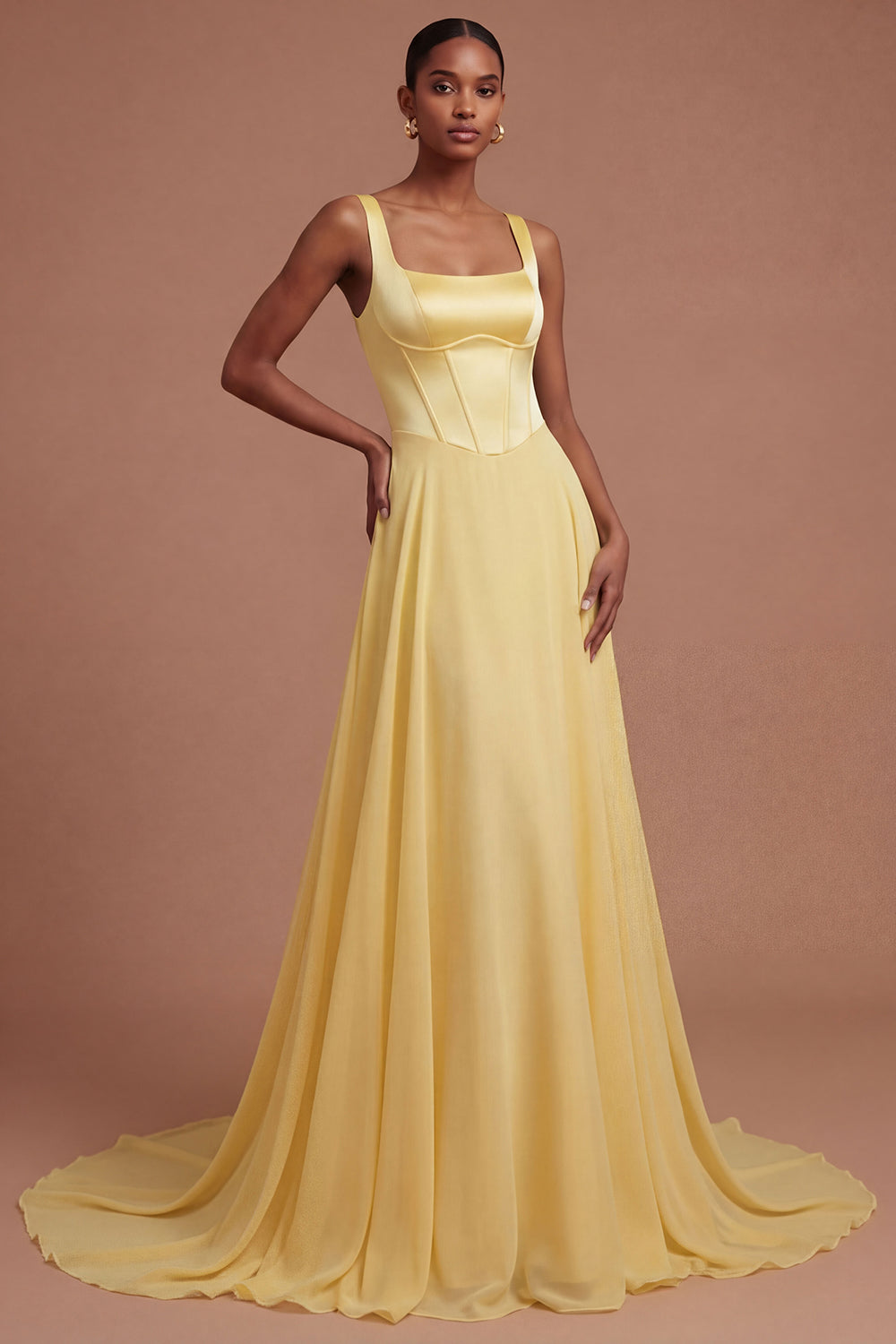 Leely Women A Line Corset Butter Yellow Long Prom Dress Square Neck Backless Wedding Guest Dress