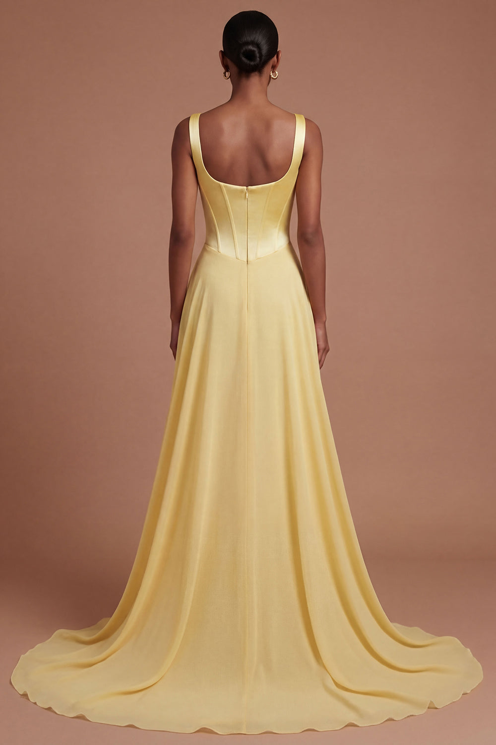 A Line Square Neck Corset Butter Yellow Long Prom Dress