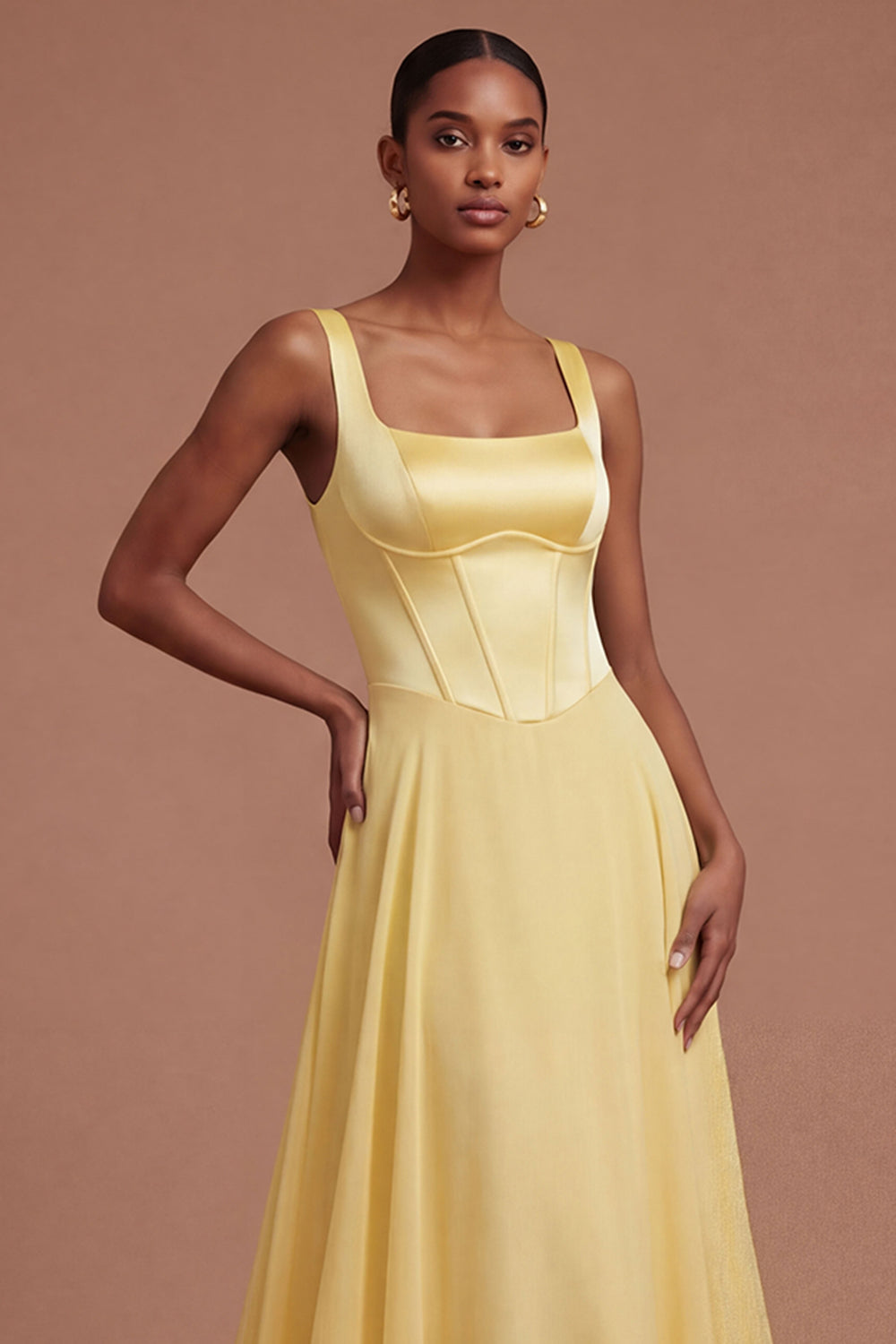 A Line Square Neck Corset Butter Yellow Long Prom Dress