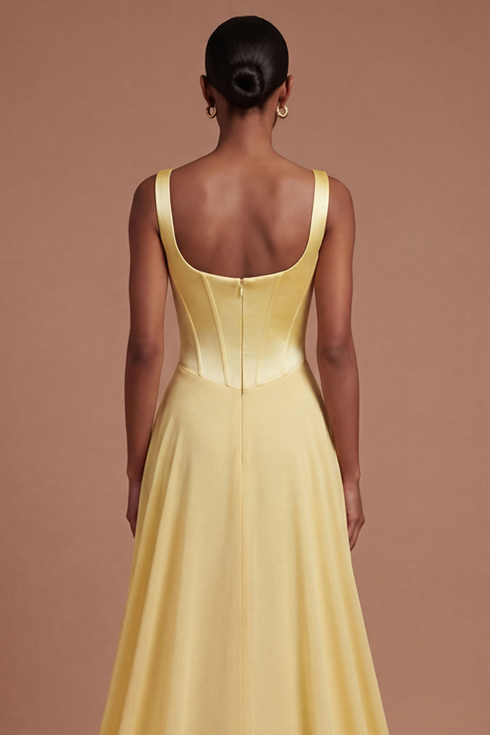 A Line Square Neck Corset Butter Yellow Long Prom Dress