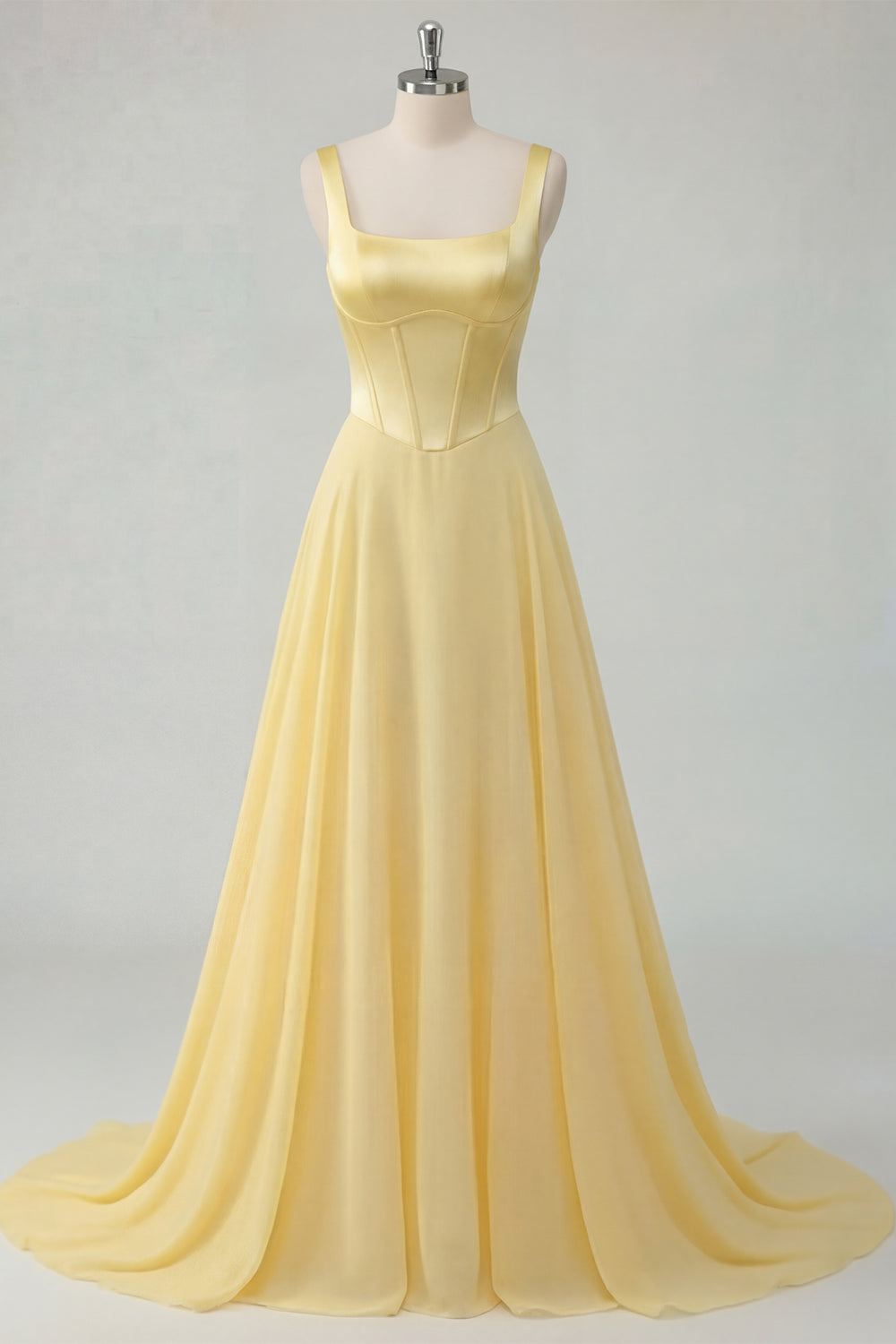 A Line Square Neck Corset Butter Yellow Long Prom Dress