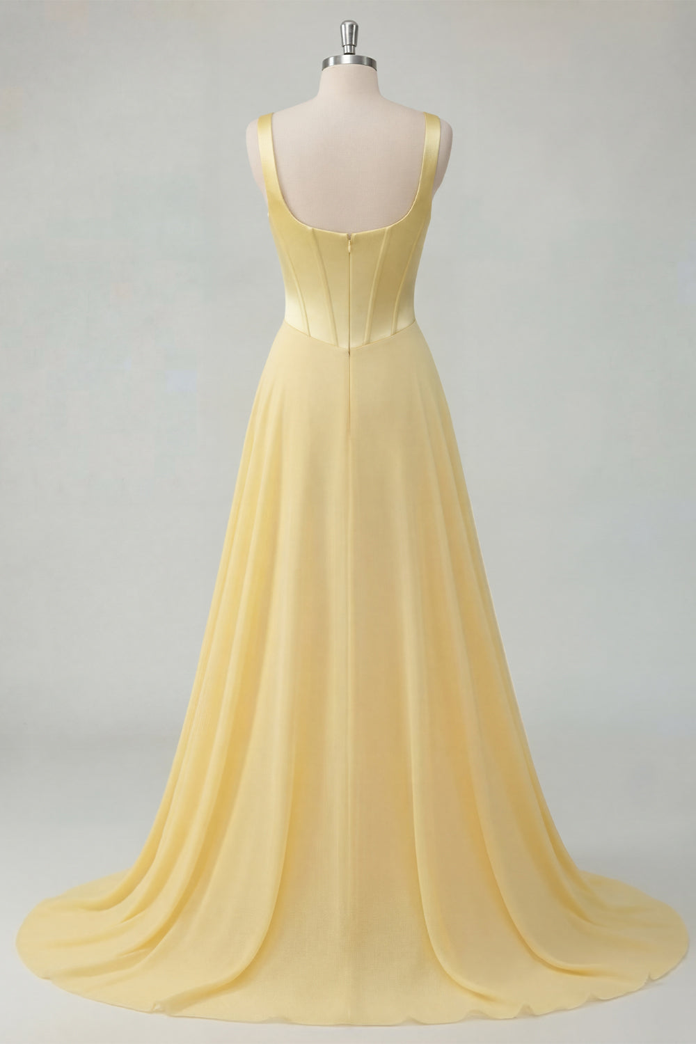 A Line Square Neck Corset Butter Yellow Long Prom Dress