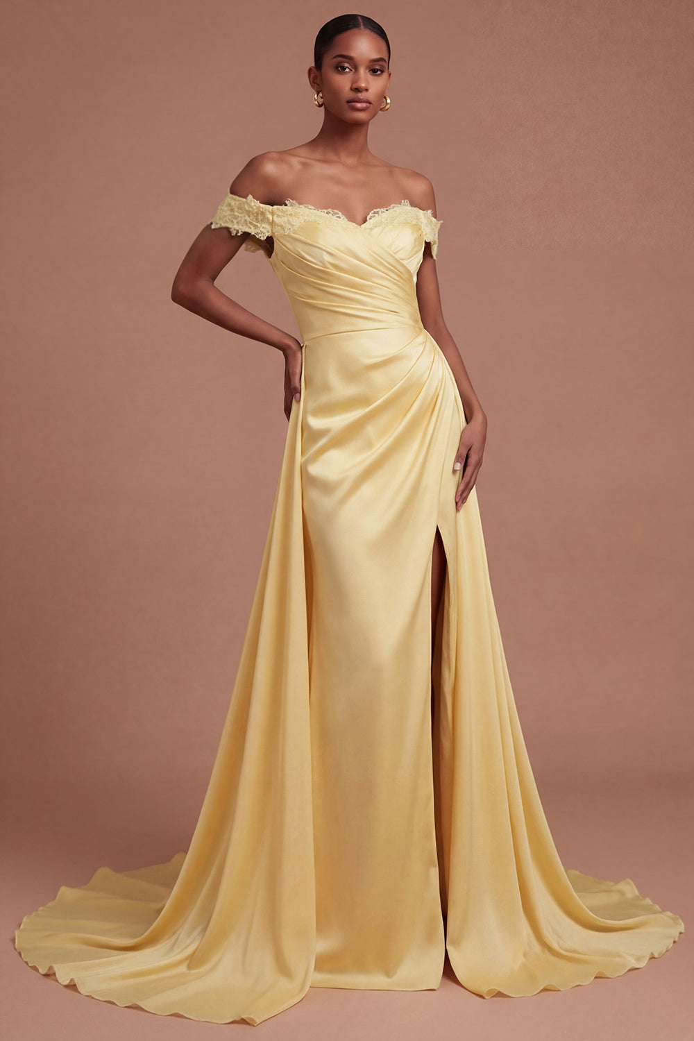 Off the Shoulder Butter Yellow Appliqued Ruched Long Prom Dress with Slit