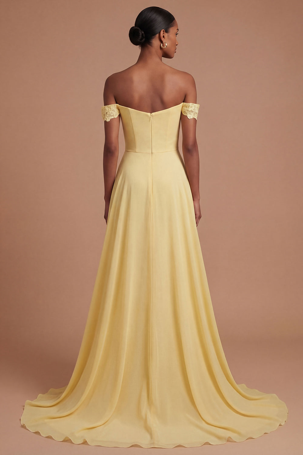 Off the Shoulder Butter Yellow Appliqued Ruched Long Prom Dress with Slit