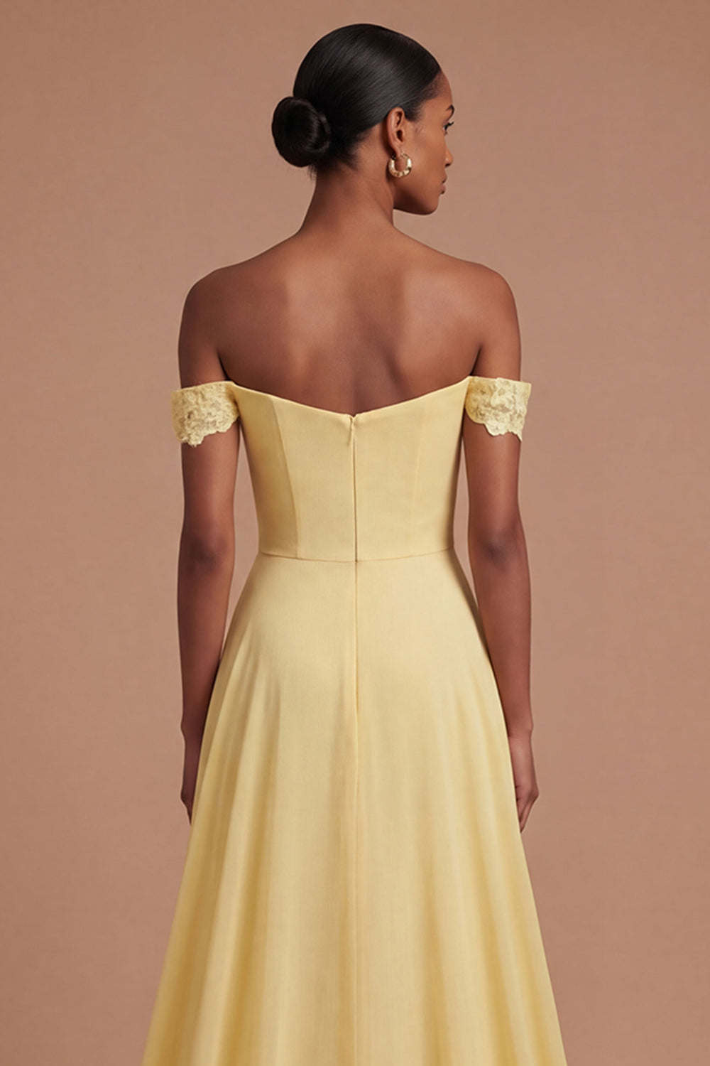 Off the Shoulder Butter Yellow Appliqued Ruched Long Prom Dress with Slit