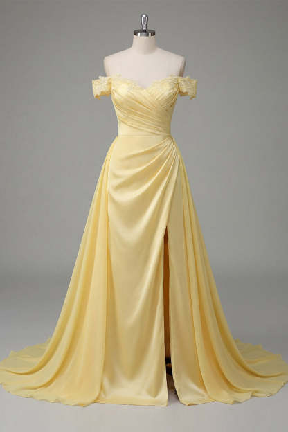 Off the Shoulder Butter Yellow Appliqued Ruched Long Prom Dress with Slit