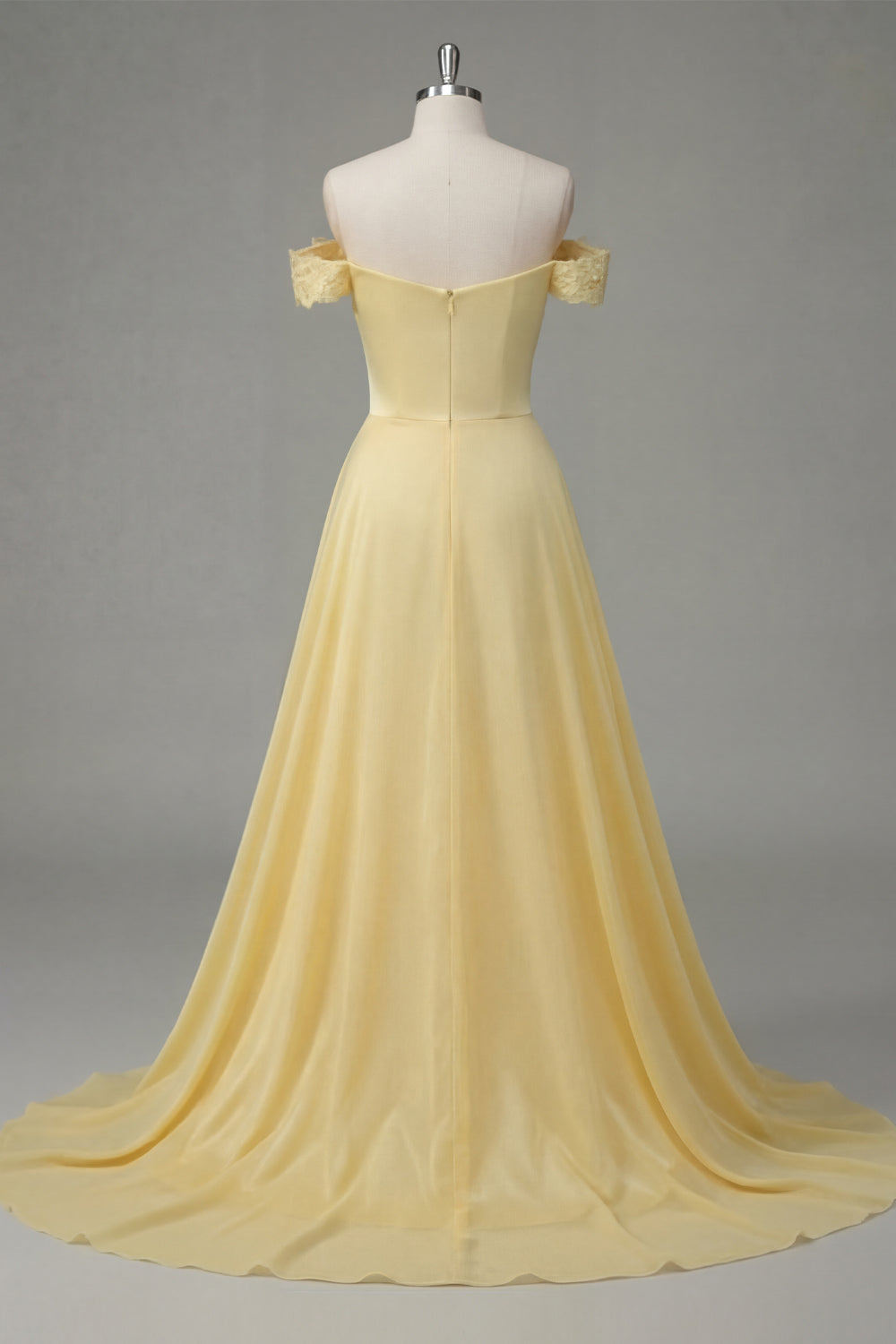 Off the Shoulder Butter Yellow Appliqued Ruched Long Prom Dress with Slit