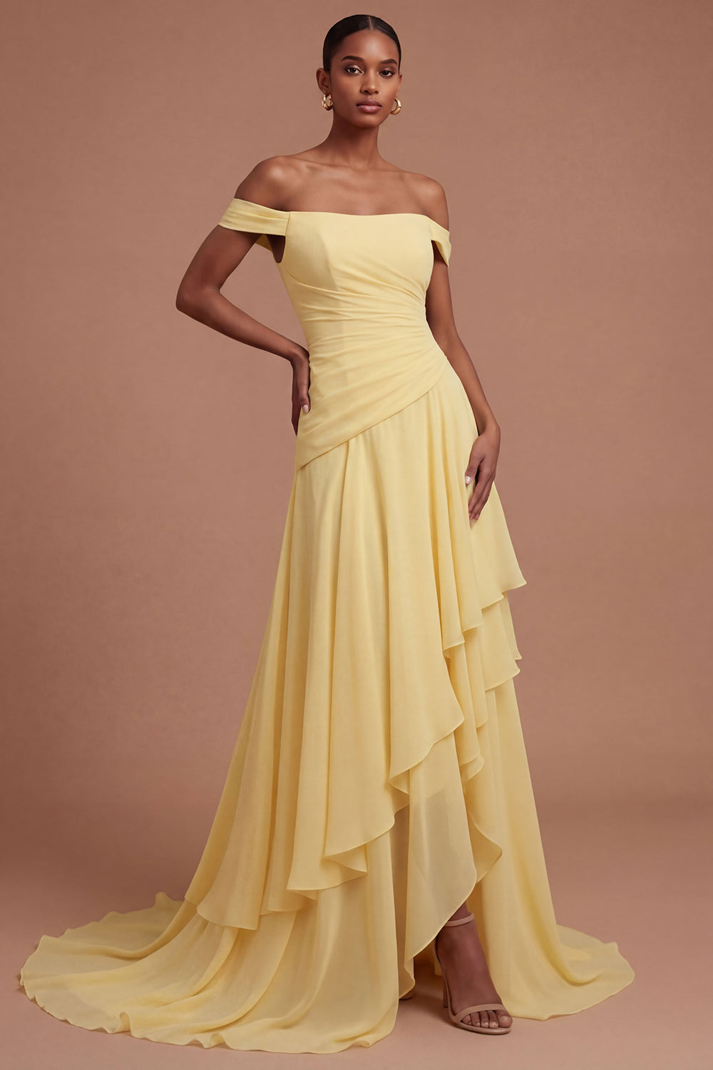 Ruffled Off the Shoulder Butter Yellow Ruched Long Prom Dress with Slit