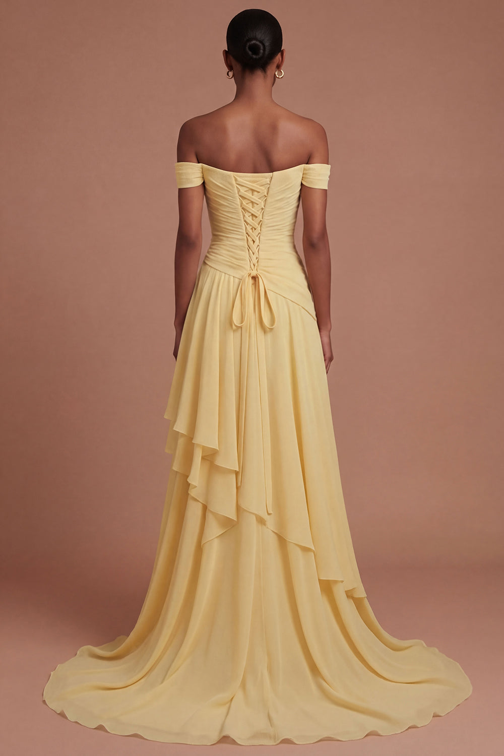 Ruffled Off the Shoulder Butter Yellow Ruched Long Prom Dress with Slit