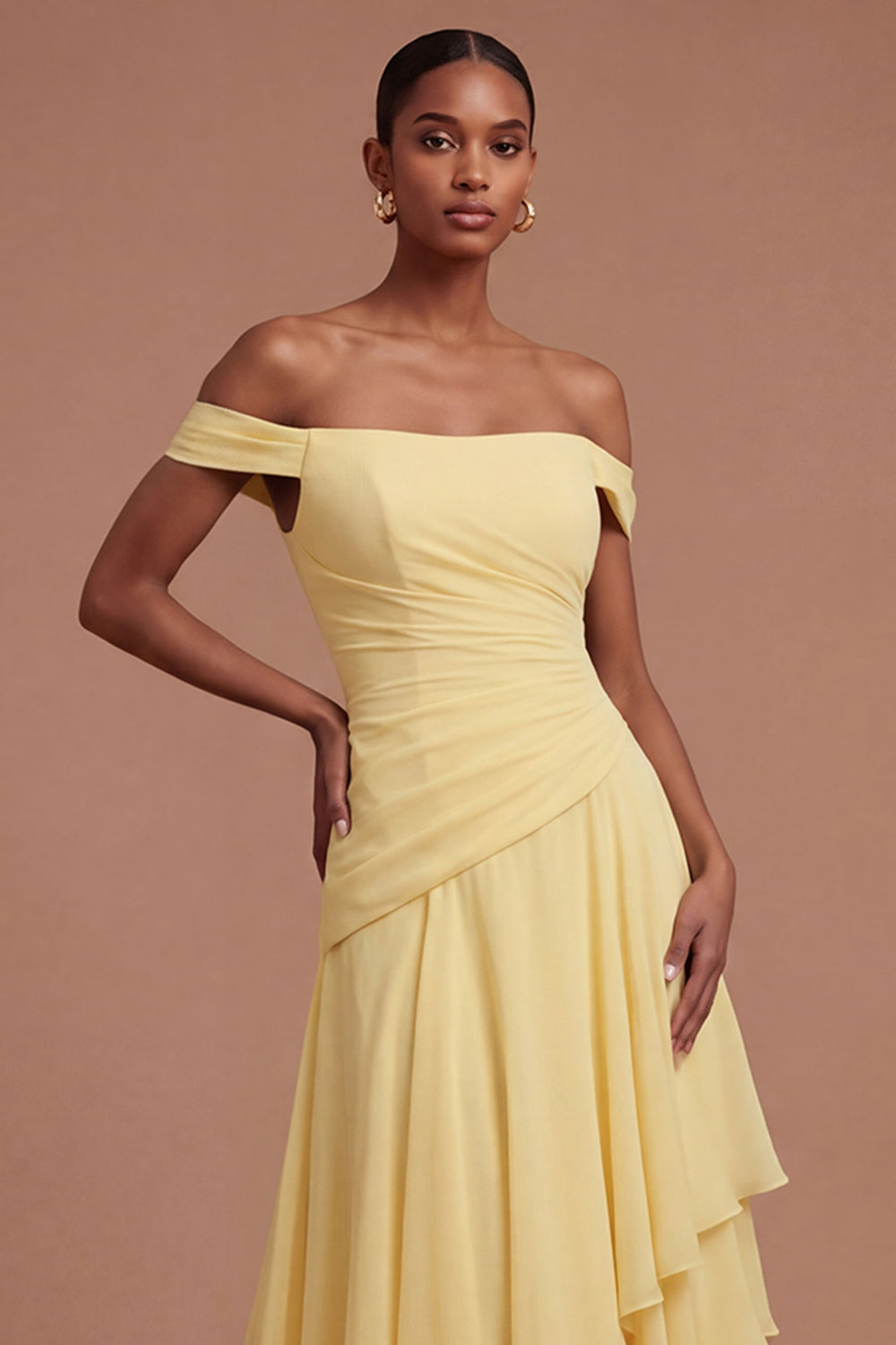 Ruffled Off the Shoulder Butter Yellow Ruched Long Prom Dress with Slit