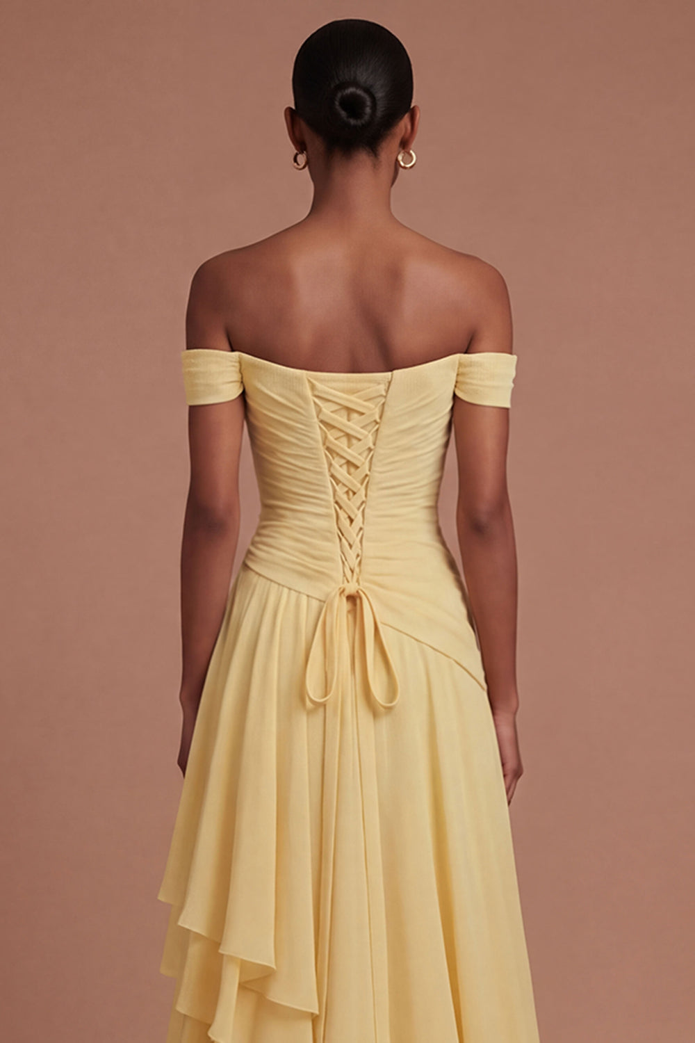 Ruffled Off the Shoulder Butter Yellow Ruched Long Prom Dress with Slit