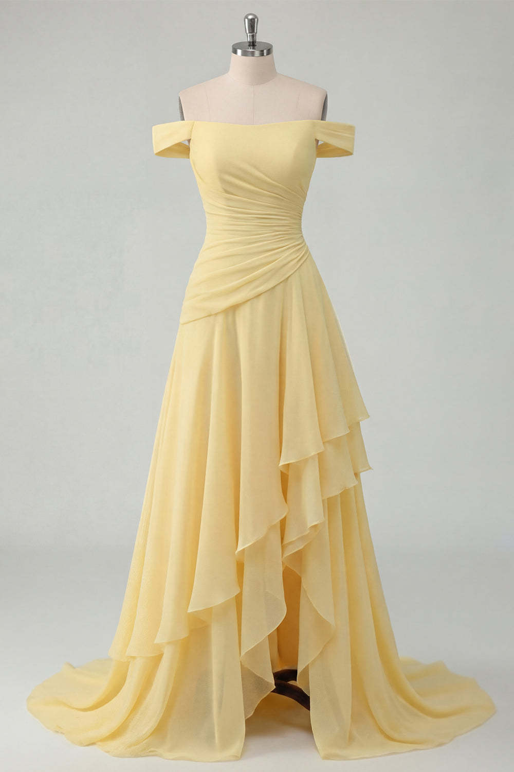 Ruffled Off the Shoulder Butter Yellow Ruched Long Prom Dress with Slit