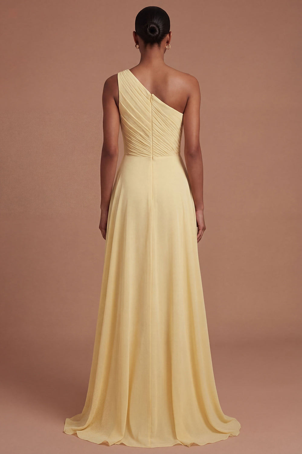 One Shoulder A Line Butter Yellow Ruched Long Prom Dress with Slit