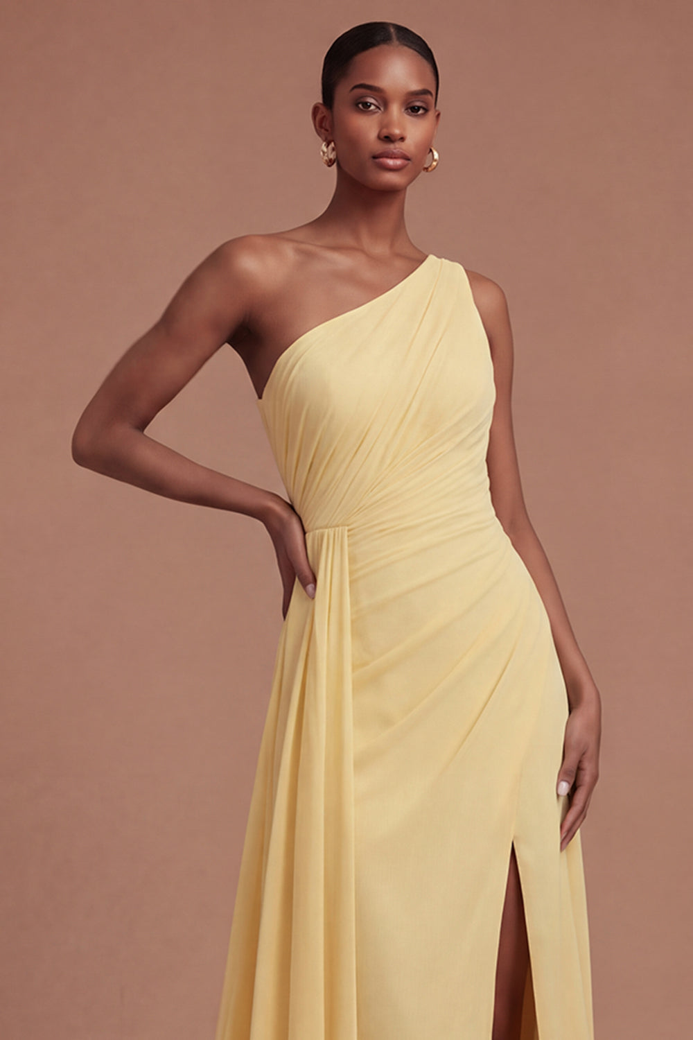 One Shoulder A Line Butter Yellow Ruched Long Prom Dress with Slit