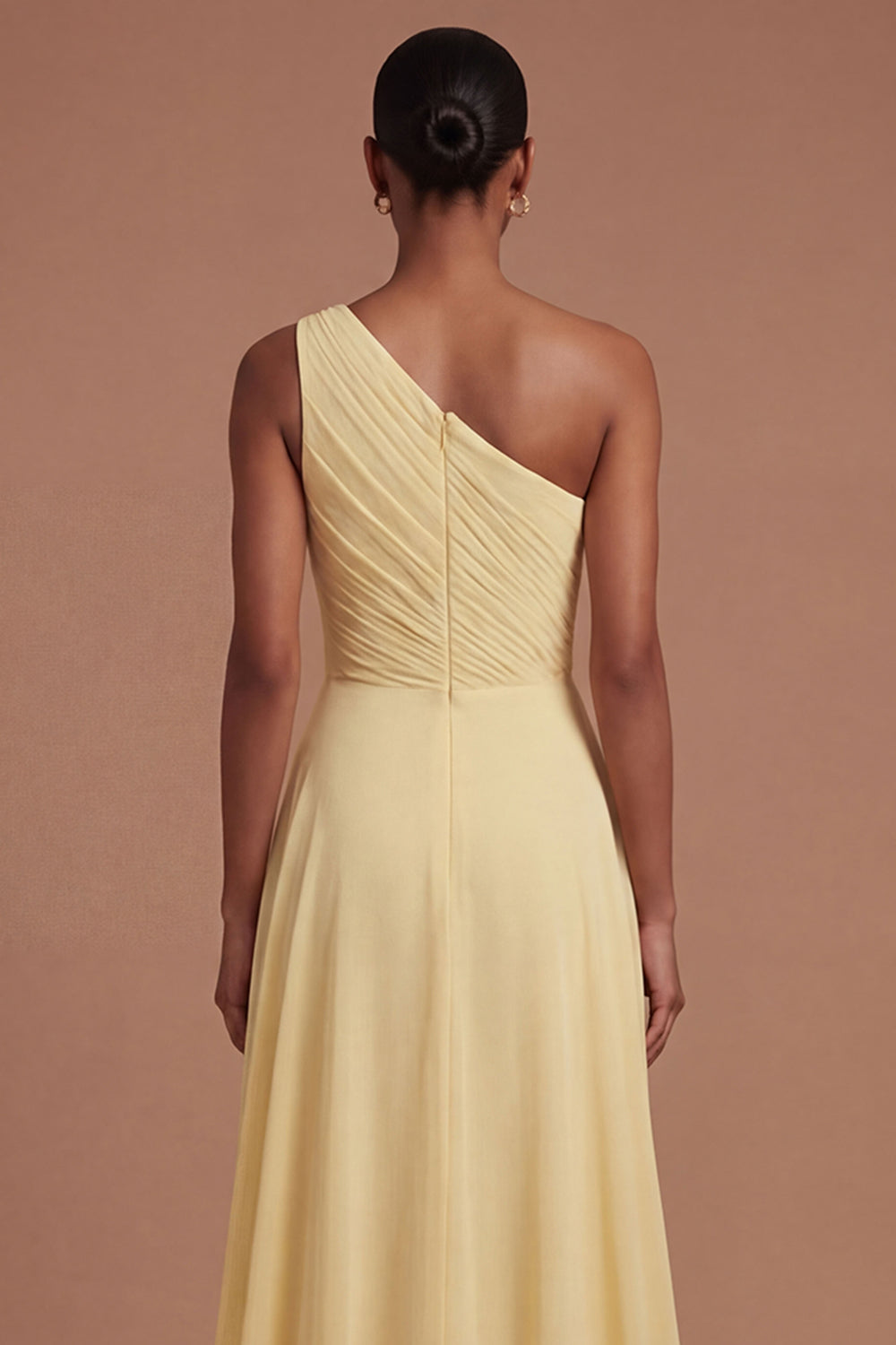 One Shoulder A Line Butter Yellow Ruched Long Prom Dress with Slit