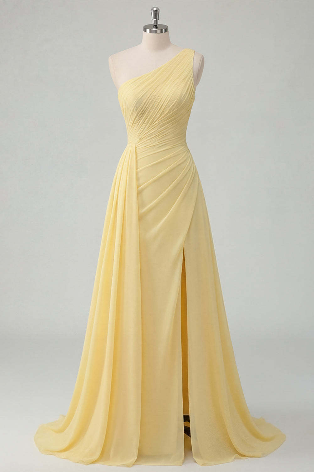 One Shoulder A Line Butter Yellow Ruched Long Prom Dress with Slit