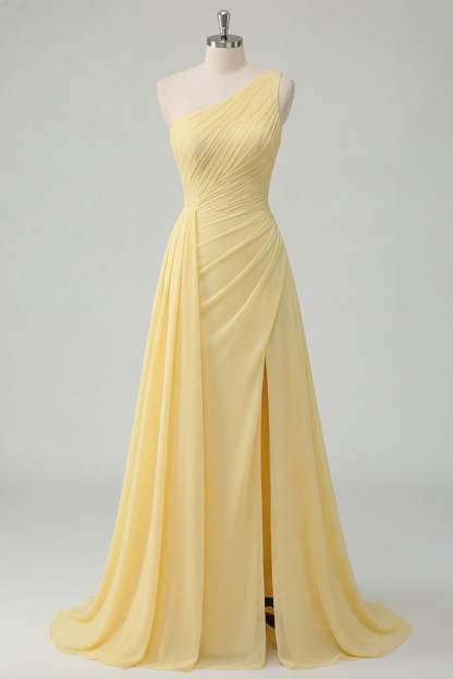 One Shoulder A Line Butter Yellow Ruched Long Prom Dress with Slit