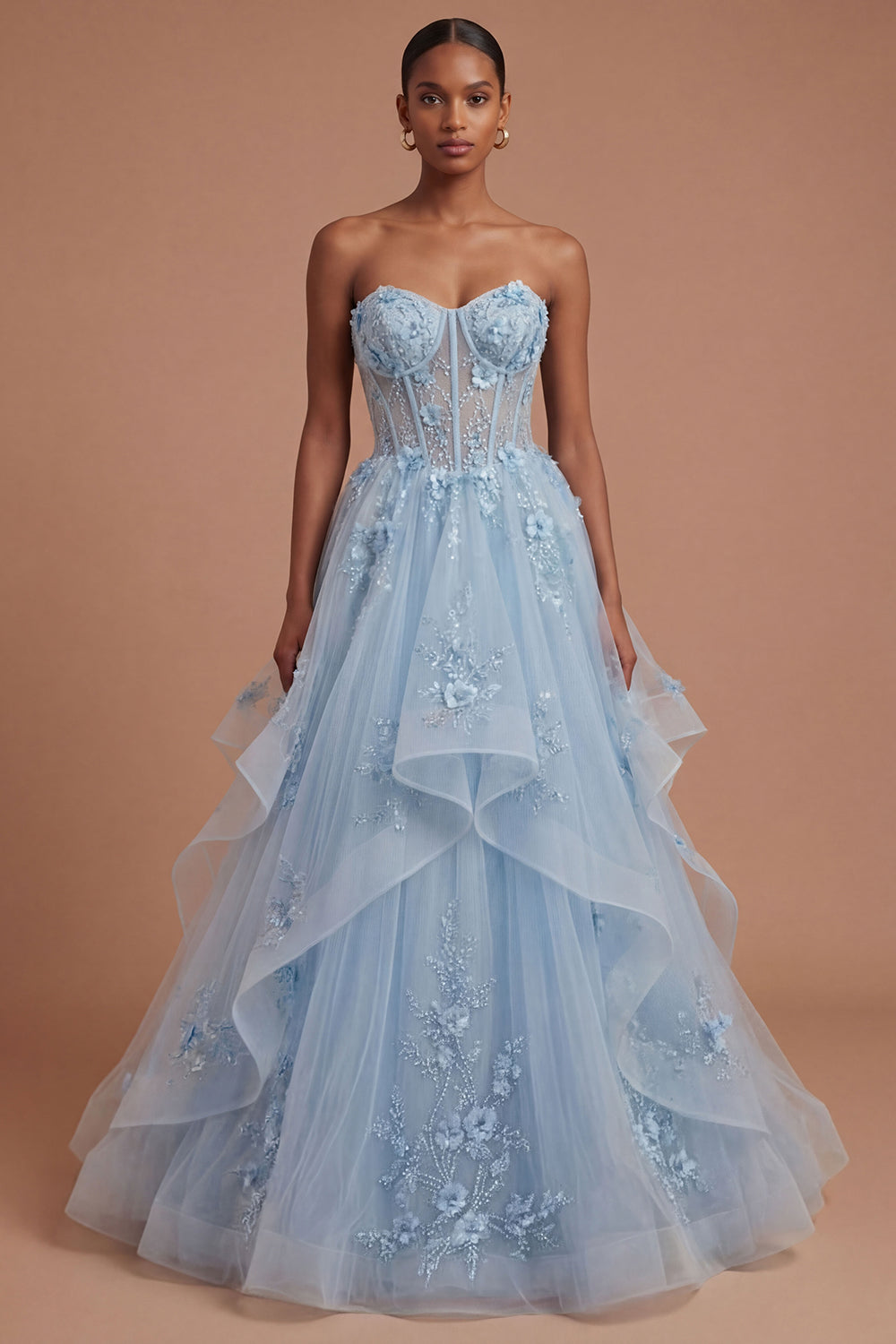 A Line Floral Corset Appliqued Blue Long Prom Dress