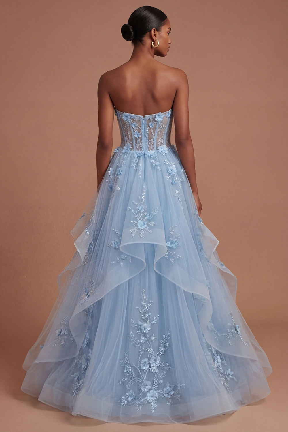 A Line Floral Corset Appliqued Blue Long Prom Dress