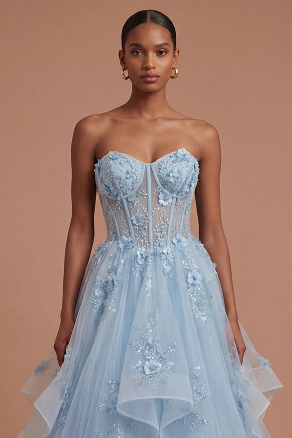 A Line Floral Corset Appliqued Blue Long Prom Dress