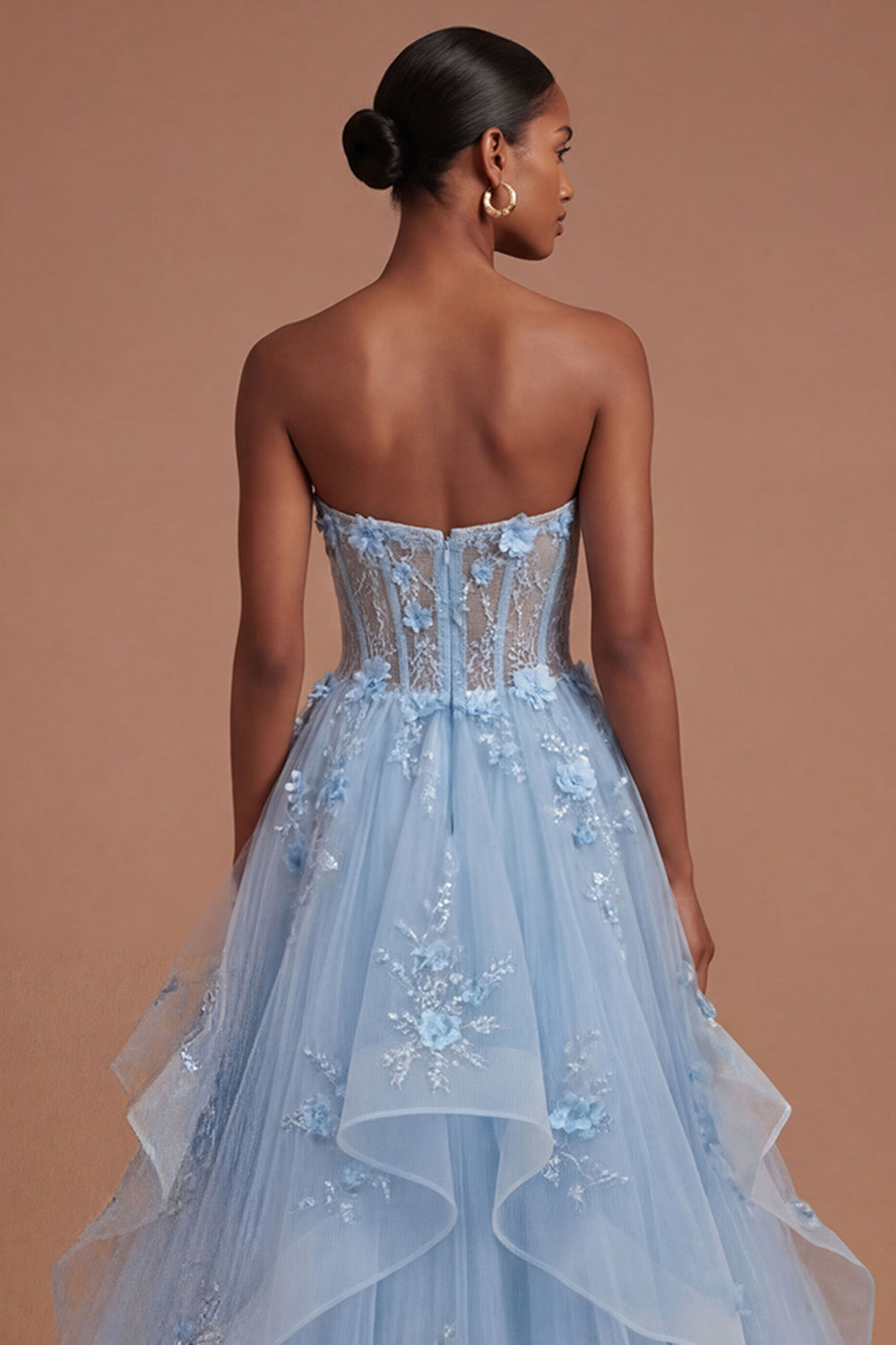A Line Floral Corset Appliqued Blue Long Prom Dress