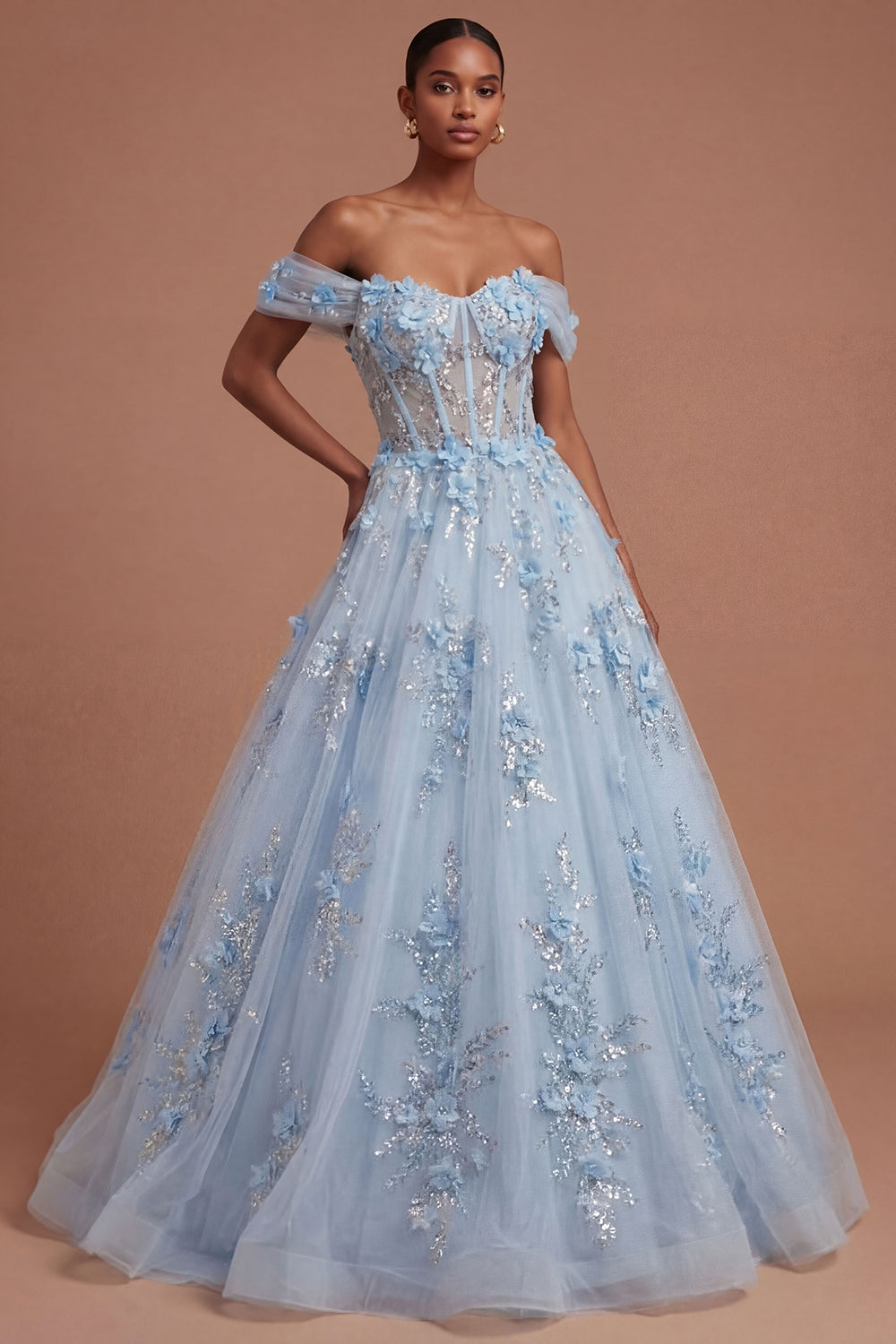 Leely Women Appliqued Floral Corset Blue Long Prom Dress Backless Off the Shoulder Wedding Guest Dress
