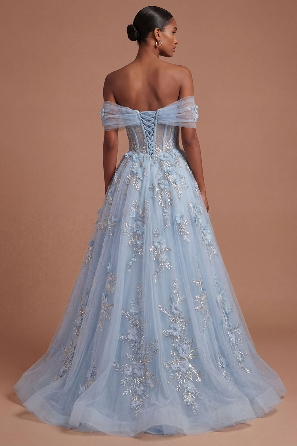 Appliqued Floral Corset Blue Long Prom Dress