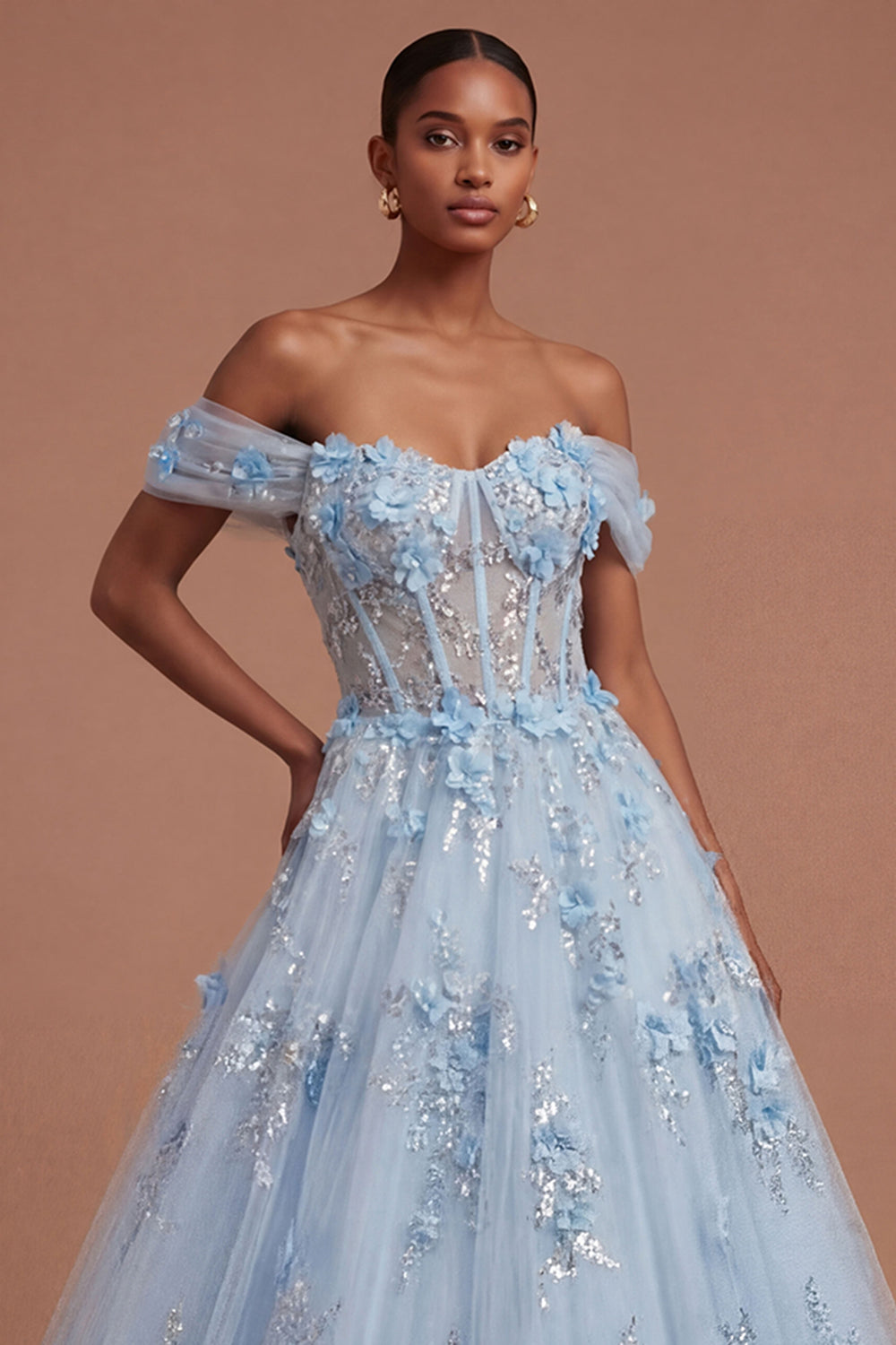 Appliqued Floral Corset Blue Long Prom Dress