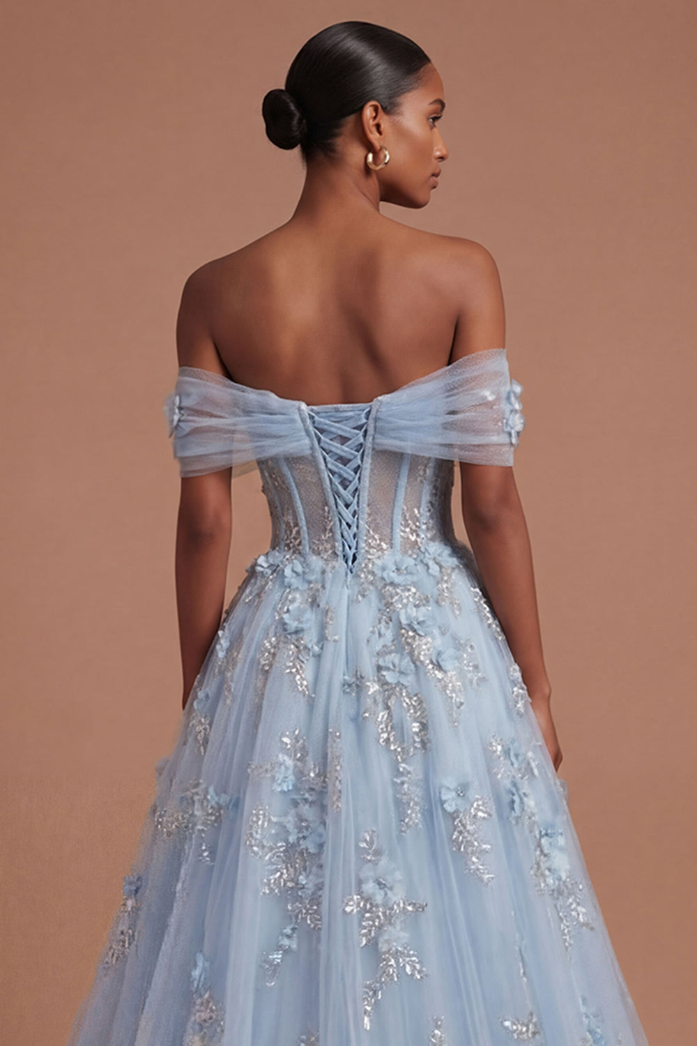 Appliqued Floral Corset Blue Long Prom Dress