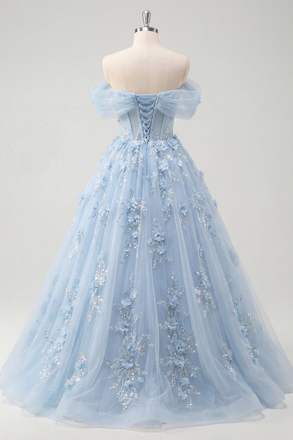 Appliqued Floral Corset Blue Long Prom Dress