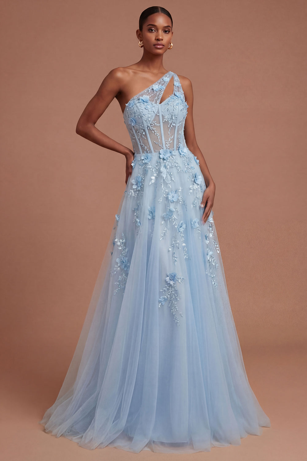 One Shoulder Appliqued Floral Corset Blue Long Prom Dress