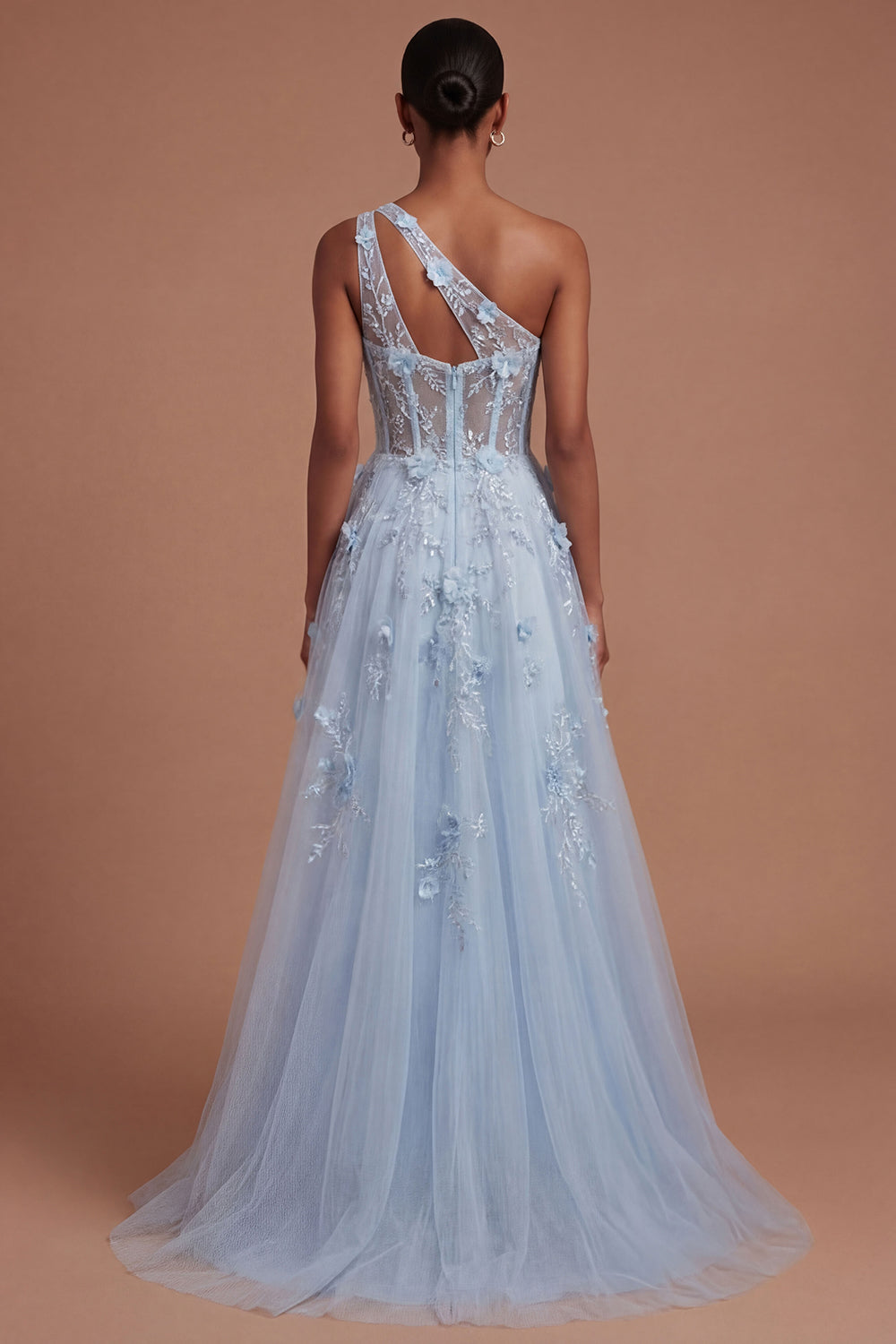 One Shoulder Appliqued Floral Corset Blue Long Prom Dress