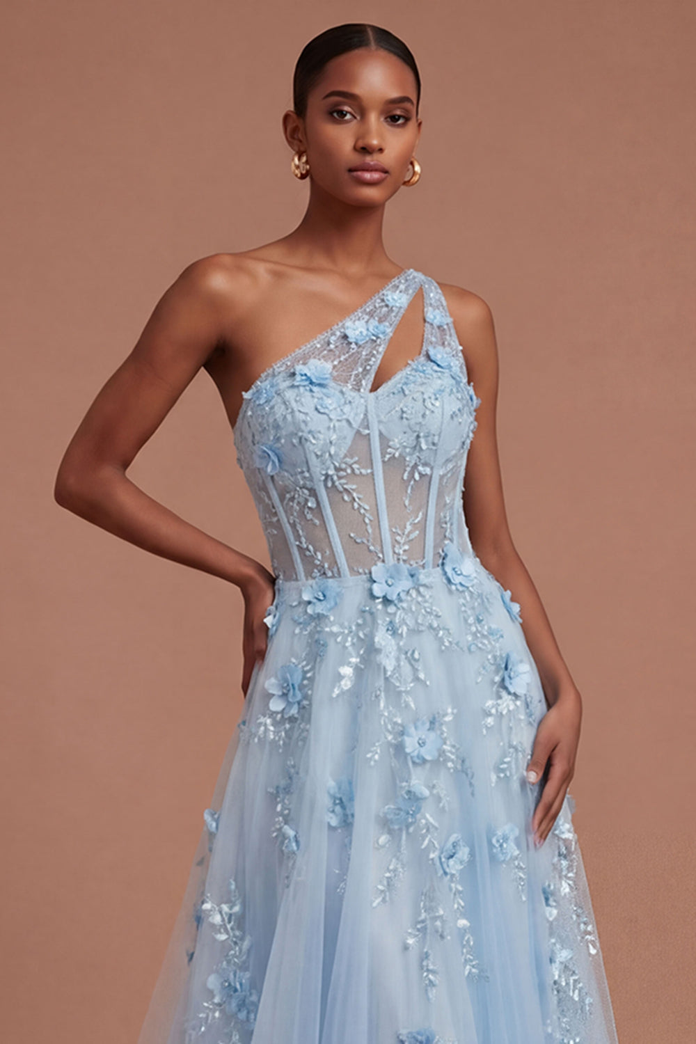 One Shoulder Appliqued Floral Corset Blue Long Prom Dress