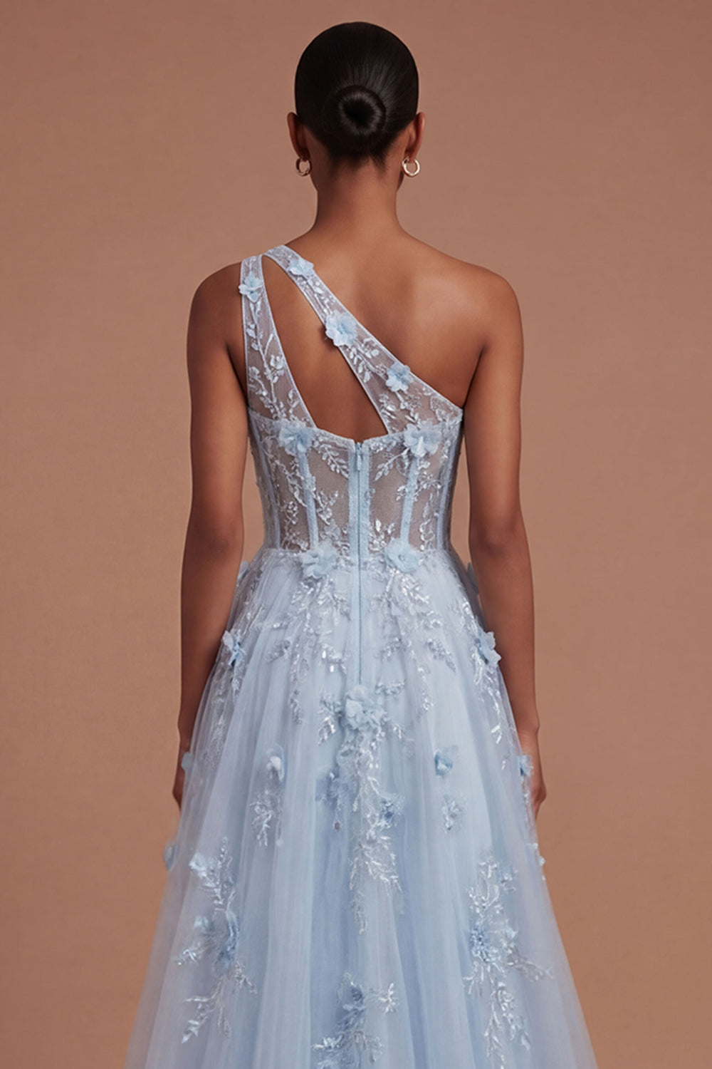 One Shoulder Appliqued Floral Corset Blue Long Prom Dress