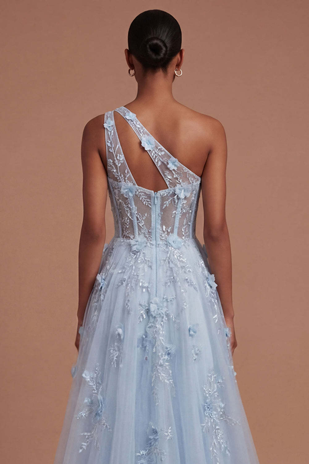 One Shoulder Appliqued Floral Corset Blue Long Prom Dress