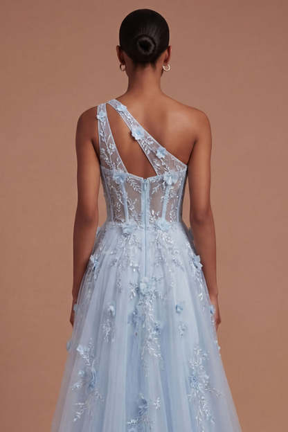 One Shoulder Appliqued Floral Corset Blue Long Prom Dress
