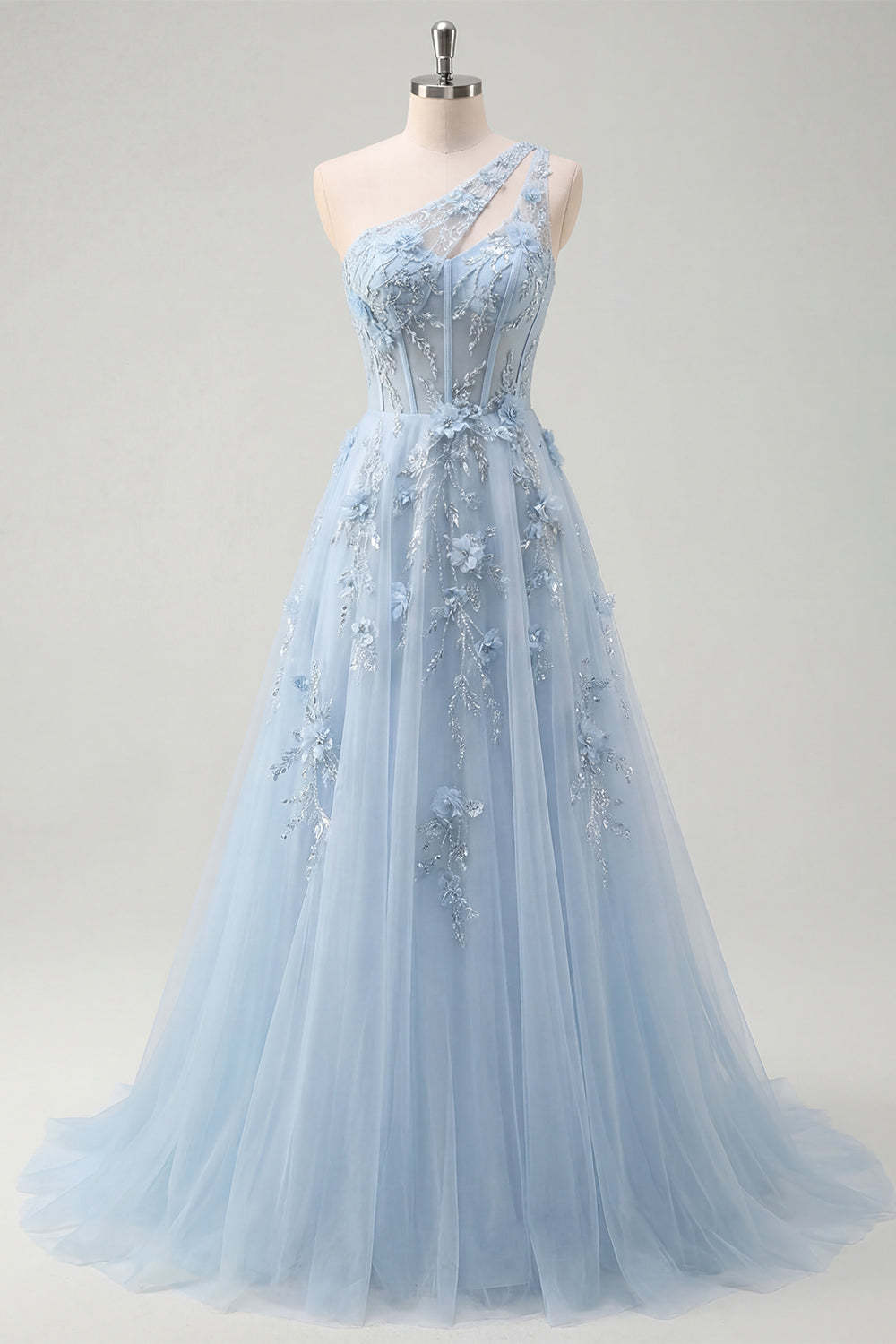 One Shoulder Appliqued Floral Corset Blue Long Prom Dress
