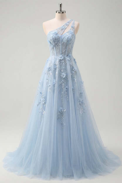 One Shoulder Appliqued Floral Corset Blue Long Prom Dress