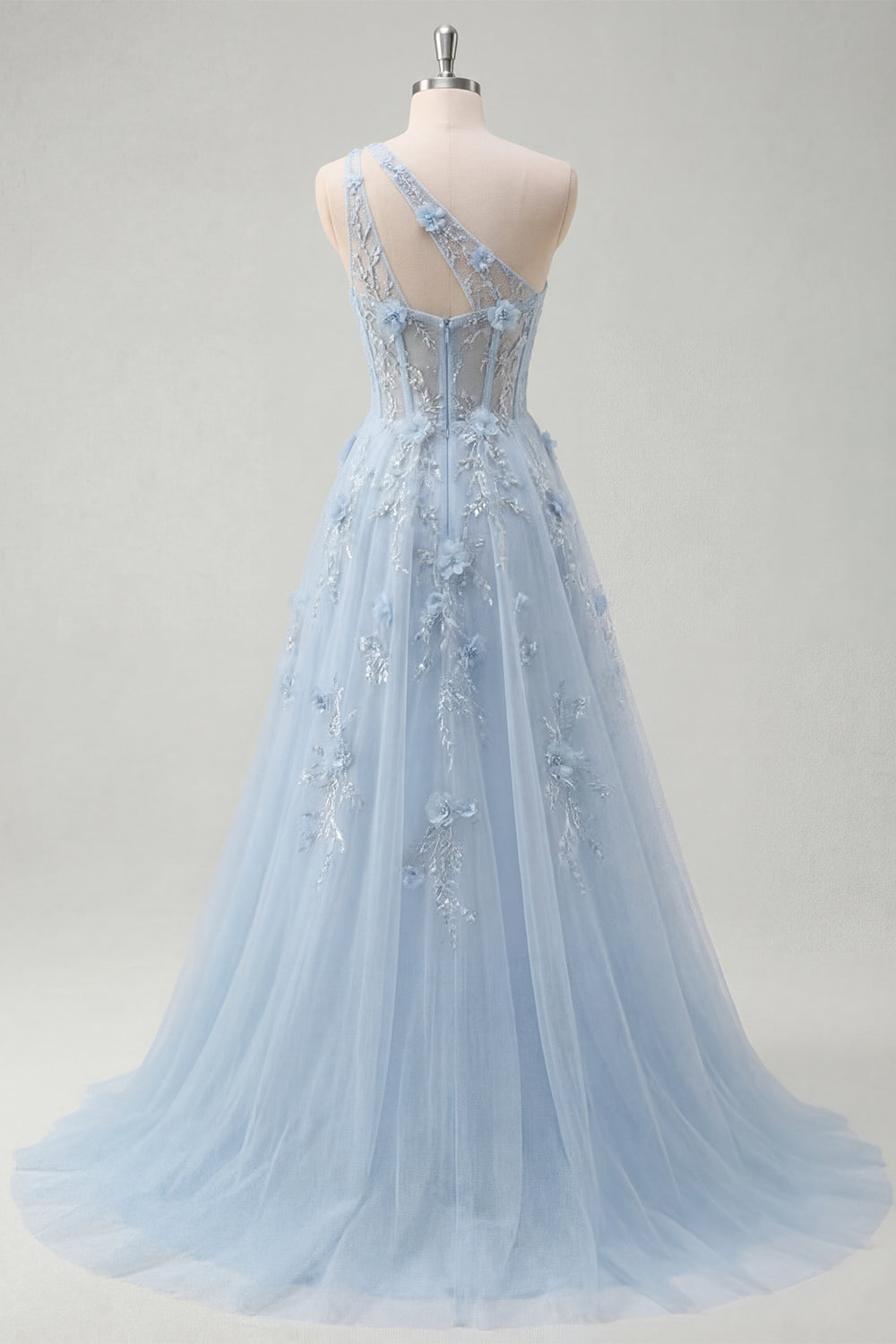One Shoulder Appliqued Floral Corset Blue Long Prom Dress