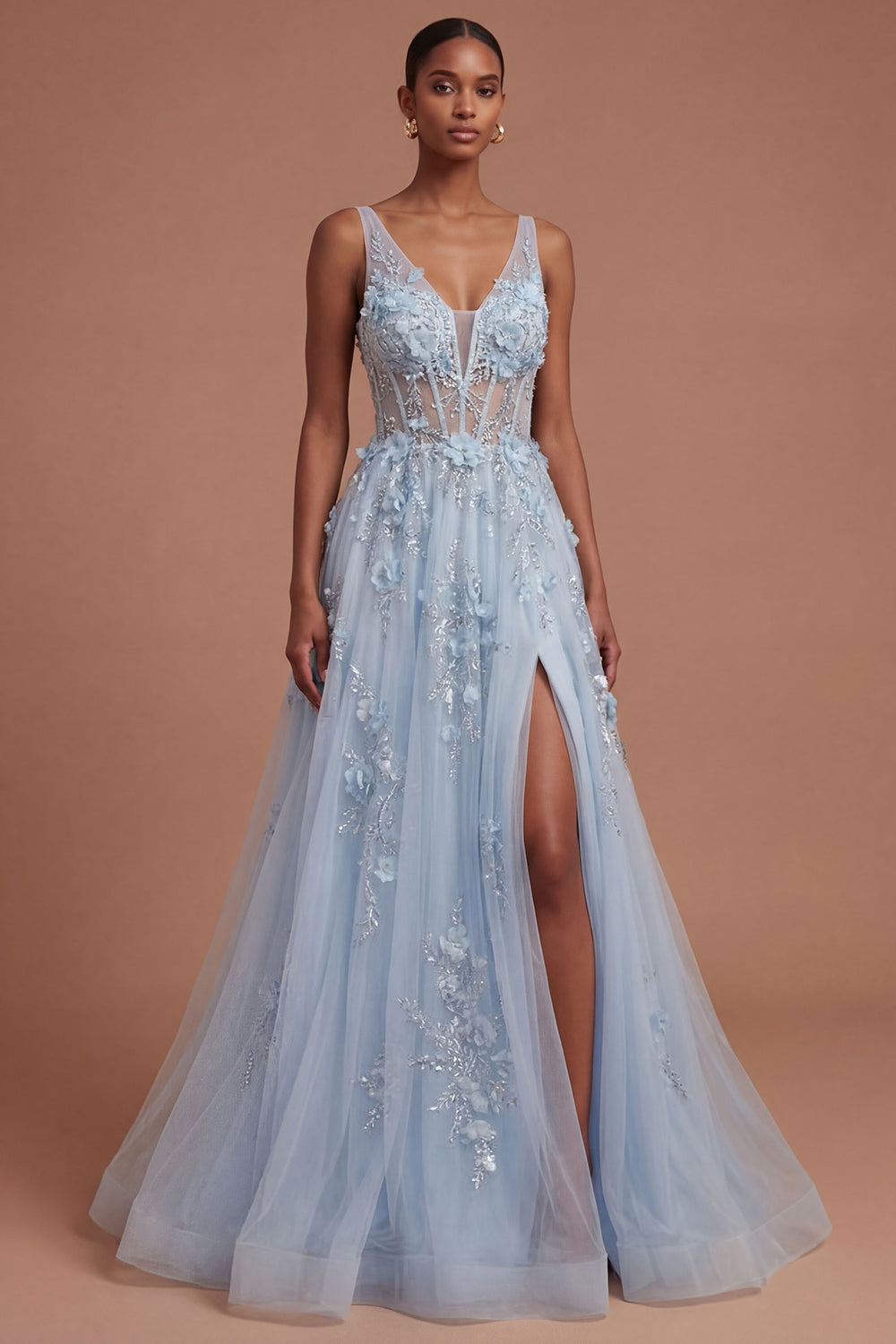 Appliqued Floral Thick Straps Corset Blue Long Prom Dress with Slit